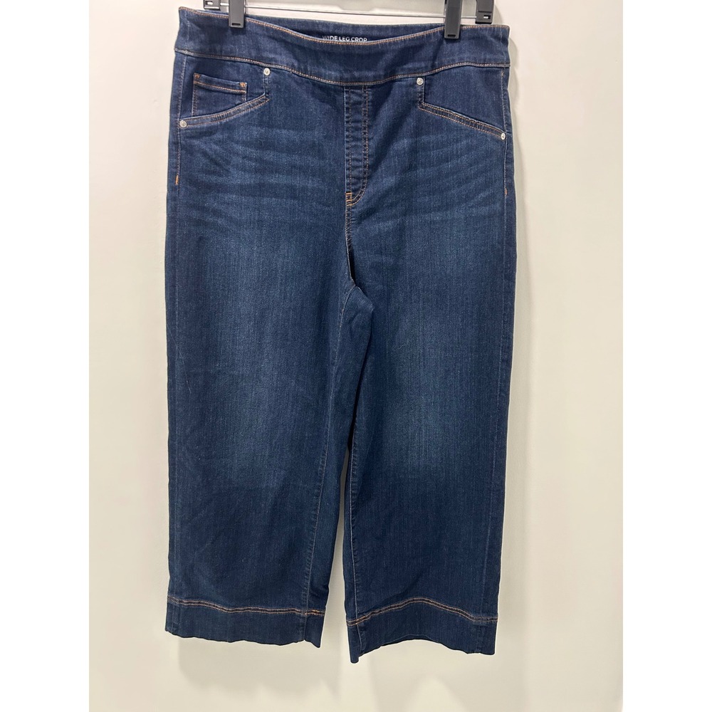 Chicos Wide Leg Crop Jeans Dark Wash Pull On Stretch Denim Size 2 US 12